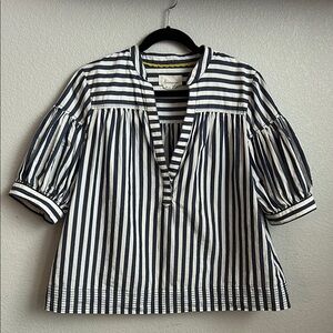 Anthropologie Navy and White Striped Puff Sleeve Blouse